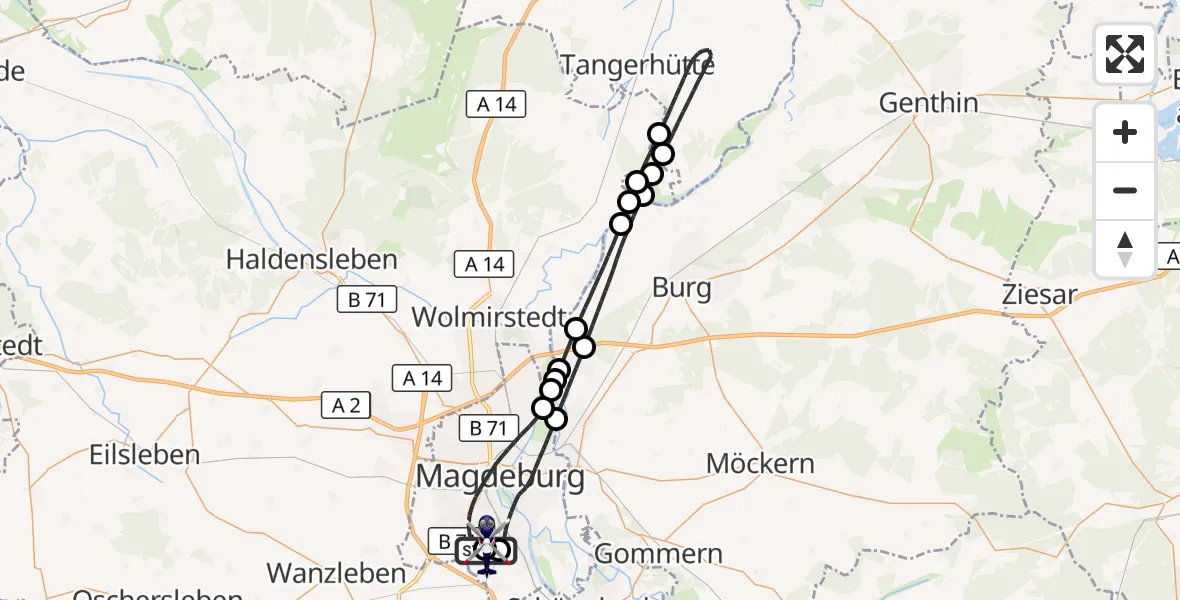 Flugroute Polizeihubschrauber Magdeburg City Flugplatz - Magdeburg City Flugplatz, 08 August 2026, 12:00