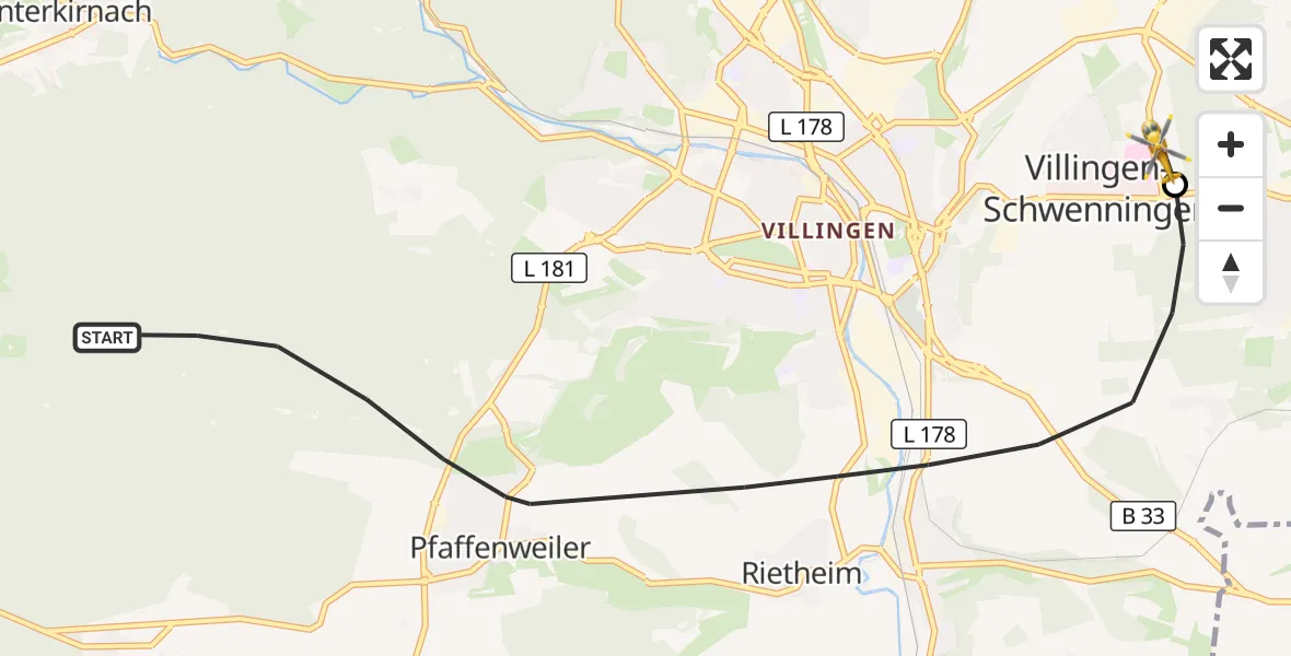 Flugroute Ambulanzhubschrauber Villingen-Schwenningen - DRF Air Rescue Station Villingen-Schwenningen Hubschrauberlandeplatz (Christoph 11), 08 August 2026, 12:07