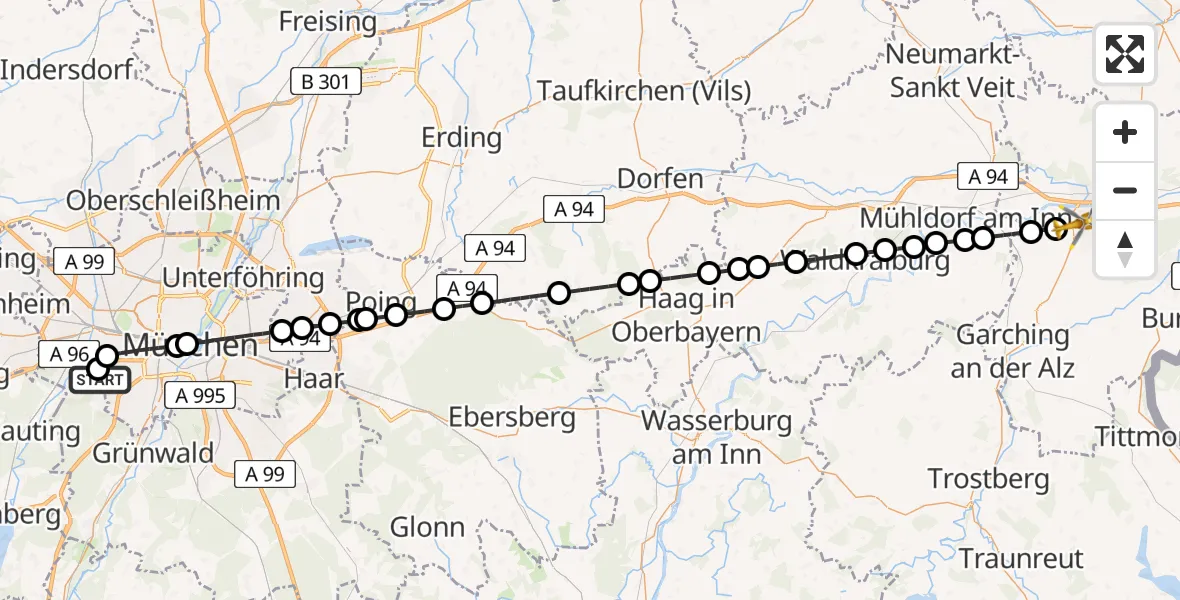 Flugroute Rettungshubschrauber DRF Air Rescue München Hubschrauberlandeplatz - Altötting, 08 August 2026, 12:09