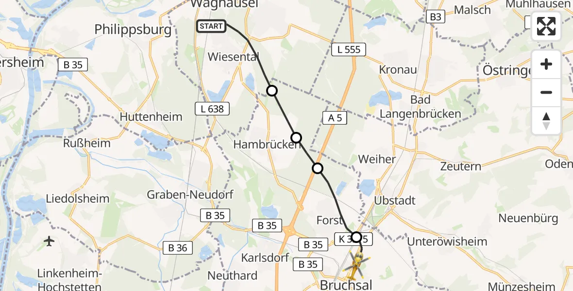 Flugroute Ambulanzhubschrauber Waghäusel - Bruchsal, 08 August 2026, 12:16
