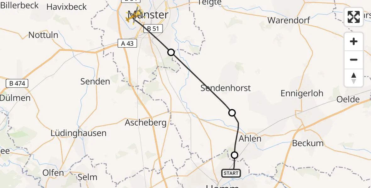 Flugroute Ambulanzhubschrauber Hamm - Münster, 08 August 2026, 12:16