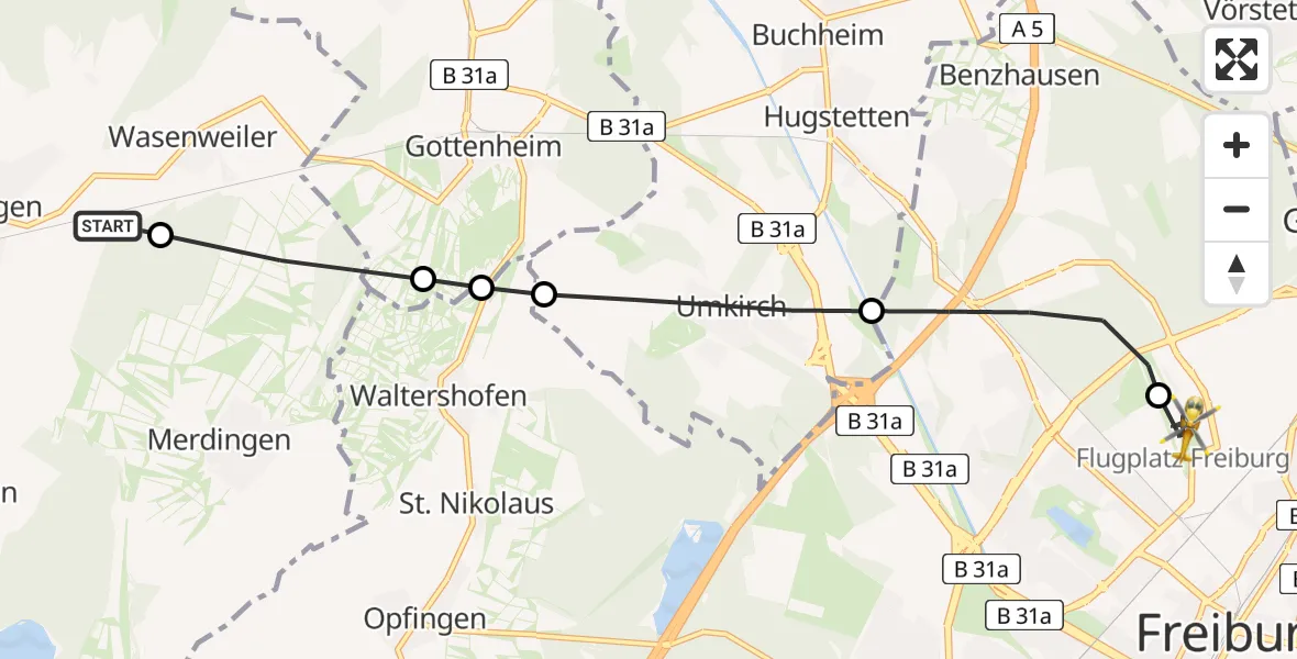 Flugroute Ambulanzhubschrauber Ihringen - Freiburg im Breisgau Flugplatz, 08 August 2026, 12:24