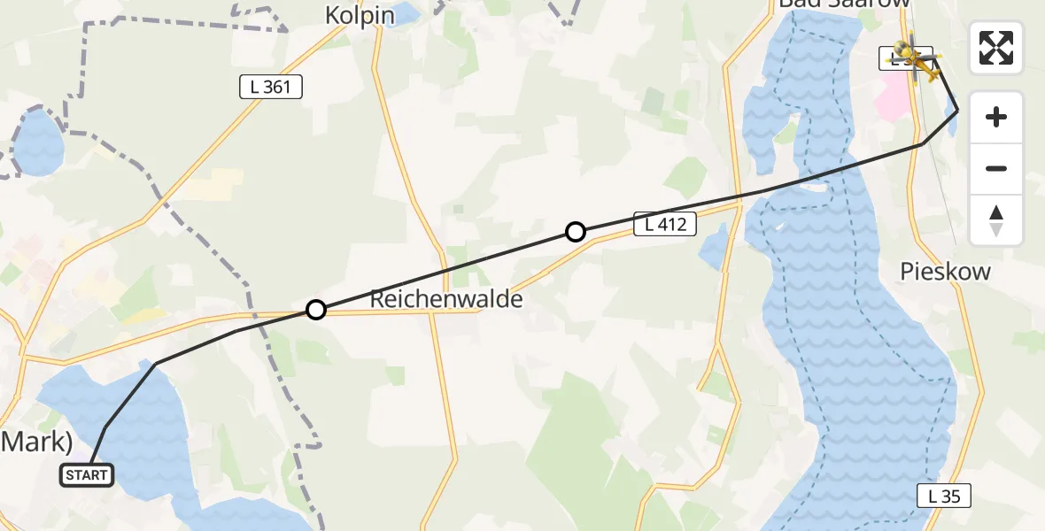 Flugroute Rettungshubschrauber Storkow (Mark) - Bad Saarow Hospital Hubschrauberlandeplatz, 08 August 2026, 12:26