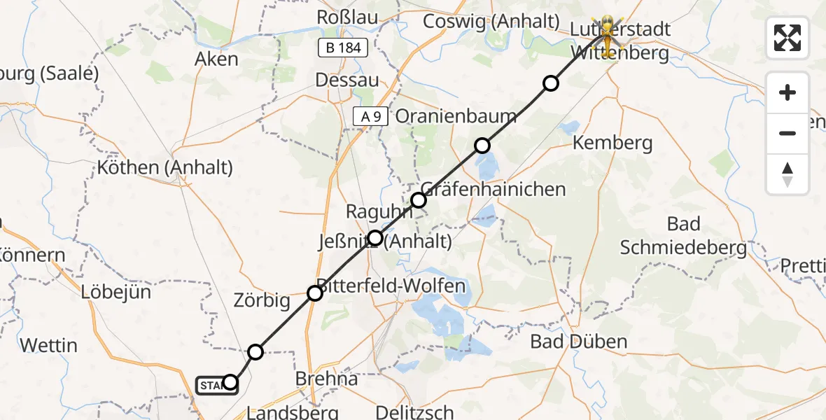 Flugroute Rettungshubschrauber Halle-Oppin Flugplatz - Wittenberg, 08 August 2026, 12:28
