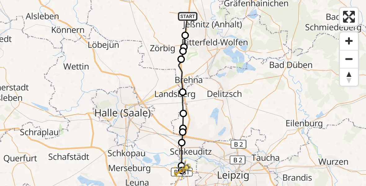 Flugroute Rettungshubschrauber Zörbig - ADAC Air Rescue Station Leipzig/Schkeuditz-Dölzig Hubschrauberlandeplatz (Christoph 61), 08 August 2026, 12:29