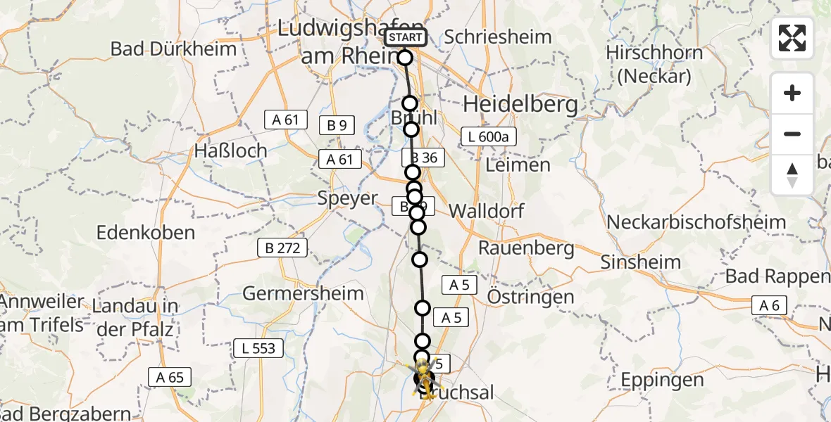 Flugroute Rettungshubschrauber Mannheim-City Flughafen - Bruchsal, 08 August 2026, 12:33