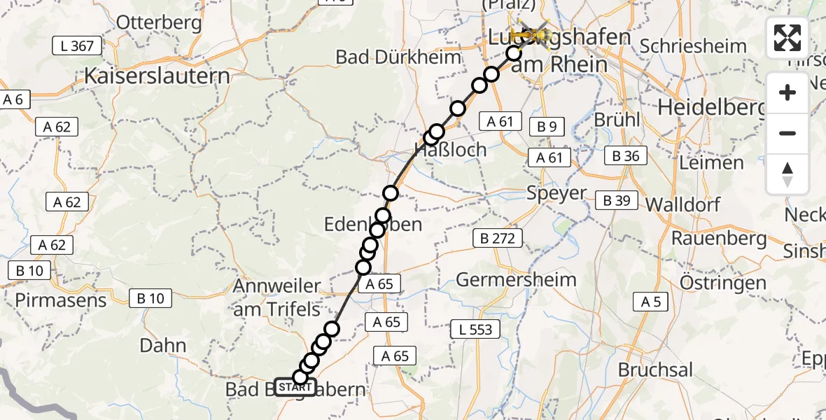 Flugroute Rettungshubschrauber Bad Bergzabern - Ludwigshafen Accident Hospital, 08 August 2026, 12:41