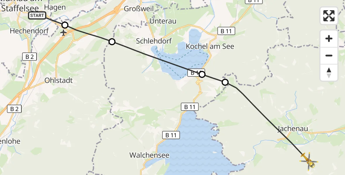 Flugroute Rettungshubschrauber Murnau Accident Hospital - Jachenau, 08 August 2026, 12:42