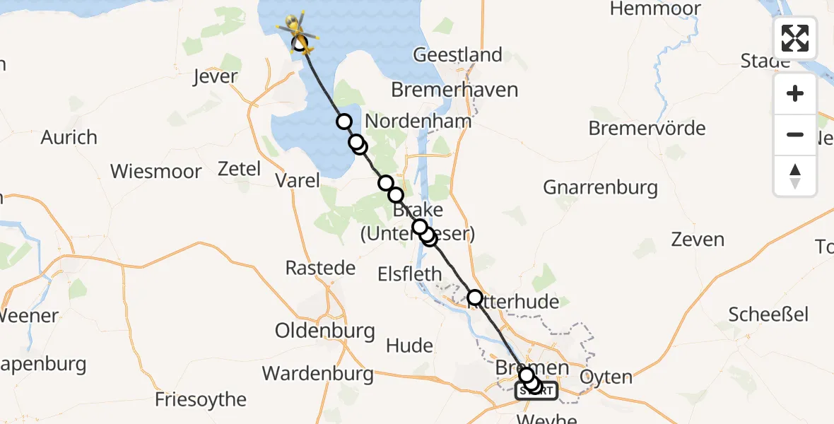 Flugroute Rettungshubschrauber ADAC Air Rescue Station Bremen Hubschrauberlandeplatz (Christoph 6) - Wilhelmshaven, 08 August 2026, 12:50