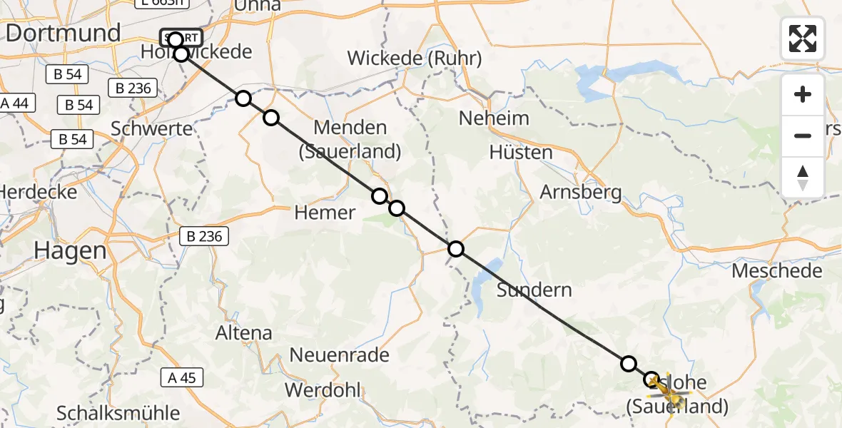 Flugroute Rettungshubschrauber Dortmund Flughafen - Eslohe (Sauerland), 08 August 2026, 12:59