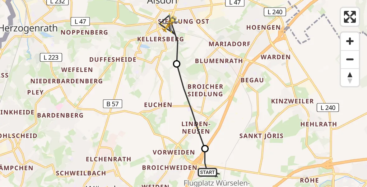 Flugroute Rettungshubschrauber Aachen-Merzbrück Flughafen - Alsdorf, 08 August 2026, 13:02