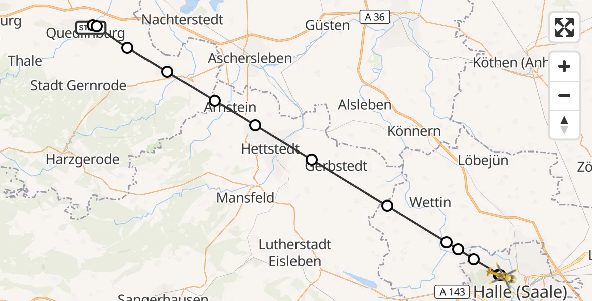Flugroute Ambulanzhubschrauber Harz Hospital Quedlinburg - Halle (Saale) University Hospital, 08 August 2026, 13:03