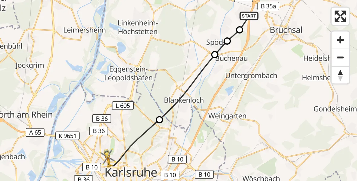 Flugroute Rettungshubschrauber Bruchsal - Karlsruhe, 08 August 2026, 13:13