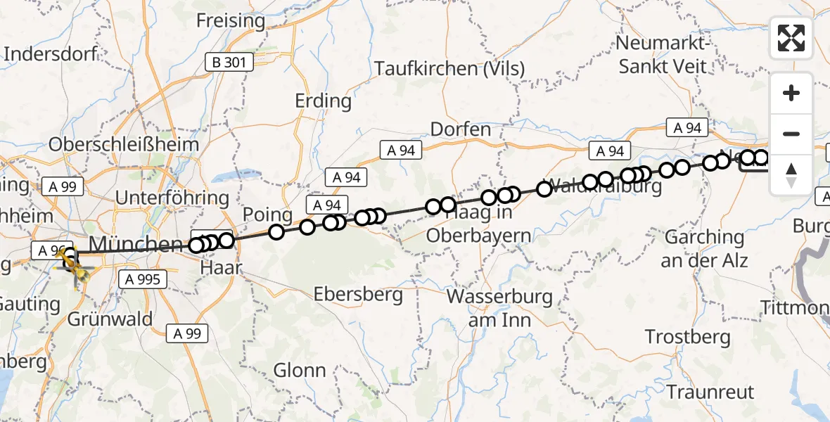 Flugroute Rettungshubschrauber Altötting-Burghausen District Hospital Altötting - DRF Air Rescue München Hubschrauberlandeplatz, 08 August 2026, 13:14