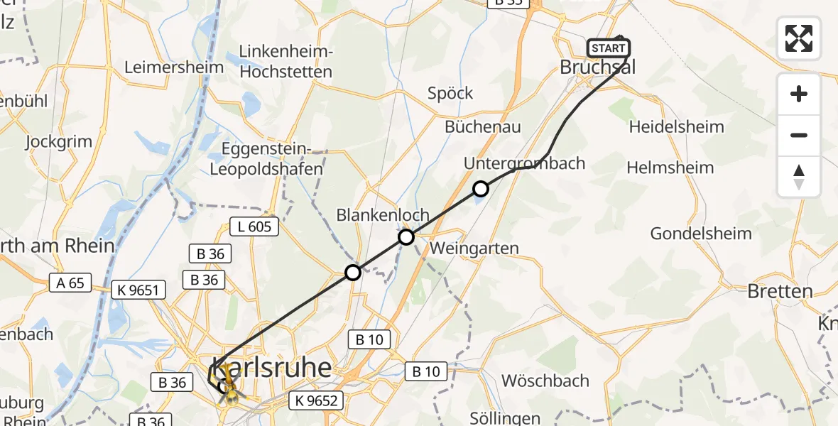 Flugroute Ambulanzhubschrauber Bruchsal - Sankt Vincentius Hospital, 08 August 2026, 13:21