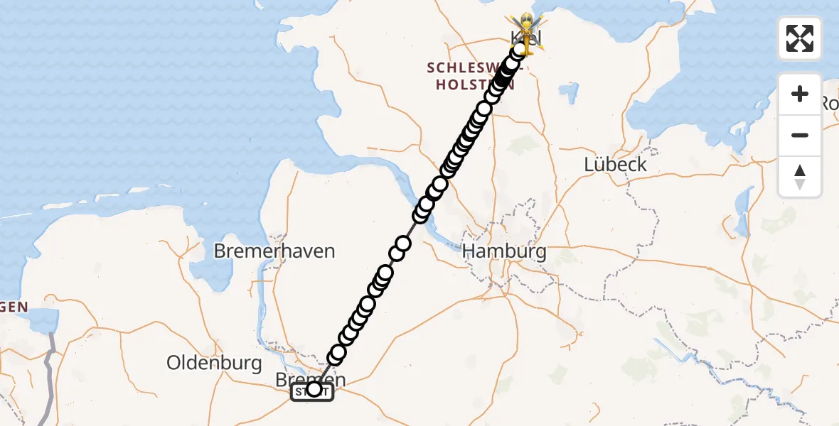 Flugroute Ambulanzhubschrauber ADAC Air Rescue Station Bremen Hubschrauberlandeplatz (Christoph 6) - Kiel, 08 August 2026, 13:23