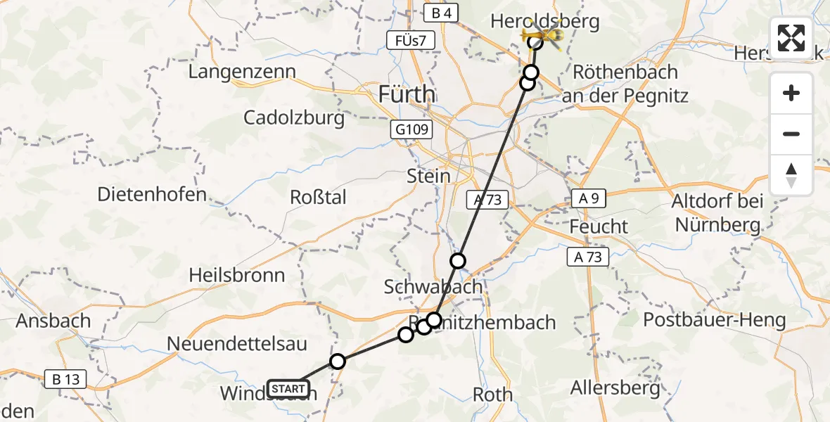 Flugroute Ambulanzhubschrauber Windsbach - Geschaidt, 08 August 2026, 13:36