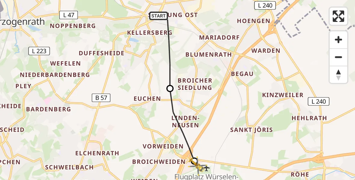 Flugroute Rettungshubschrauber Alsdorf - Aachen-Merzbrück Flughafen, 08 August 2026, 13:41