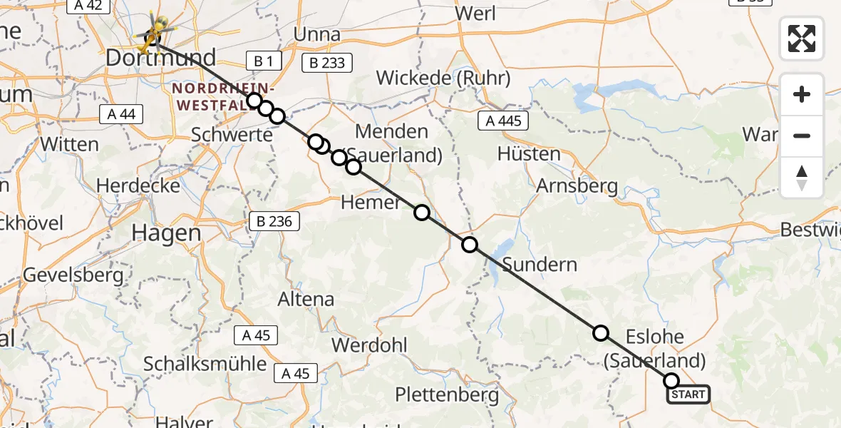 Flugroute Rettungshubschrauber Schmallenberg - Dortmund Hospital North, 08 August 2026, 13:46