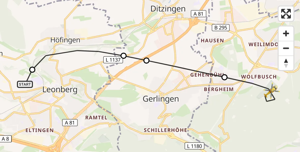 Flugroute Rettungshubschrauber Leonberg Hospital - Stuttgart, 08 August 2026, 13:55