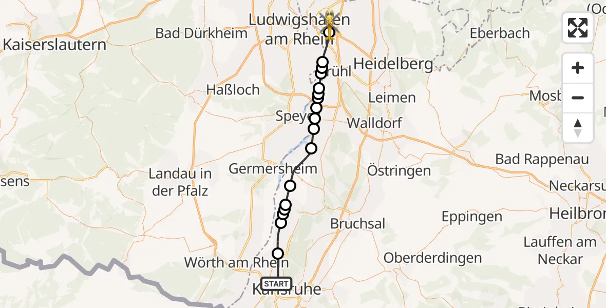 Flugroute Rettungshubschrauber Karlsruhe - Mannheim-City Flughafen, 08 August 2026, 13:57