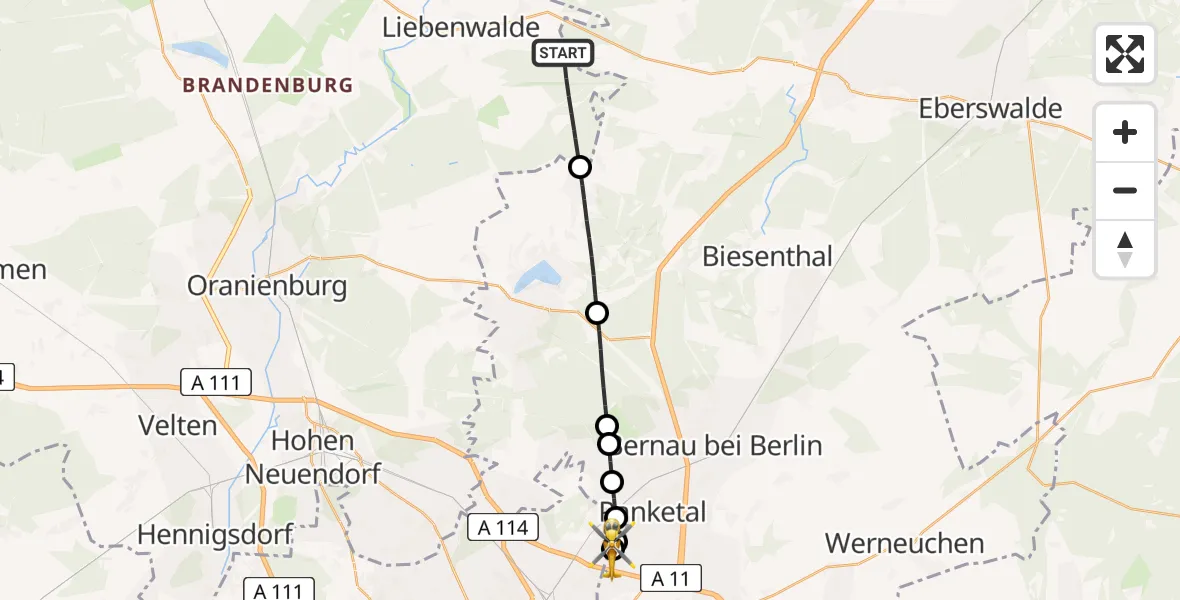 Flugroute Rettungshubschrauber Liebenwalde - Helios Clinic Berlin-Buch, 08 August 2026, 14:02