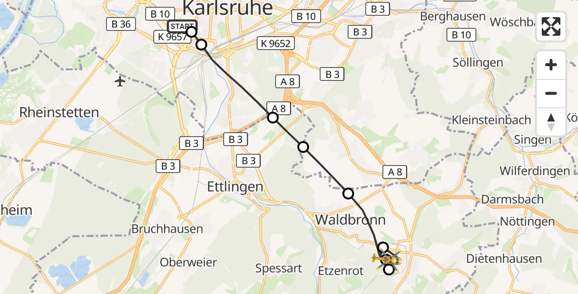 Flugroute Ambulanzhubschrauber Sankt Vincentius Hospital - Karlsbad, 08 August 2026, 14:09