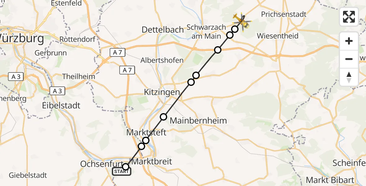Flugroute Rettungshubschrauber Marktbreit - Wiesentheid, 08 August 2026, 14:10
