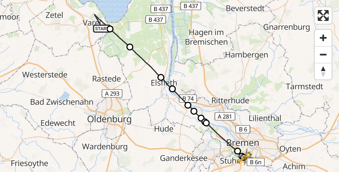 Flugroute Rettungshubschrauber Varel - ADAC Air Rescue Station Bremen Hubschrauberlandeplatz (Christoph 6), 08 August 2026, 14:16