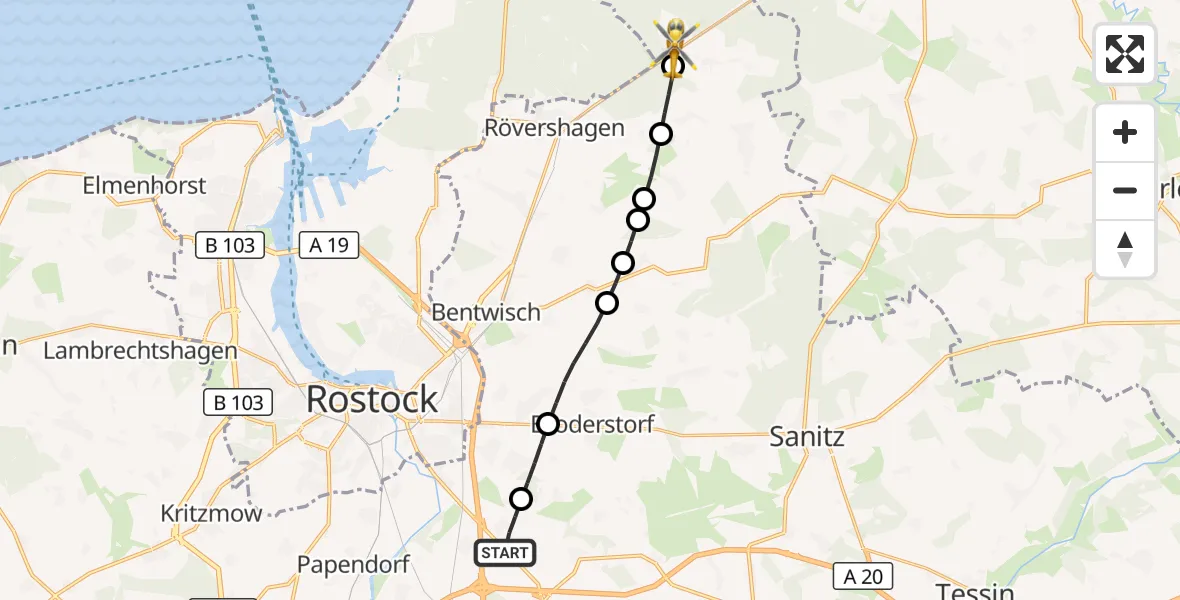 Flugroute Ambulanzhubschrauber Dummerstorf - Gelbensande, 08 August 2026, 14:24