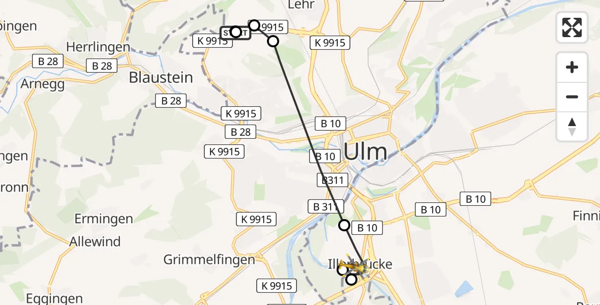 Flugroute Rettungshubschrauber Ulm Military Hospital Emergency - Neu-Ulm, 08 August 2026, 14:28