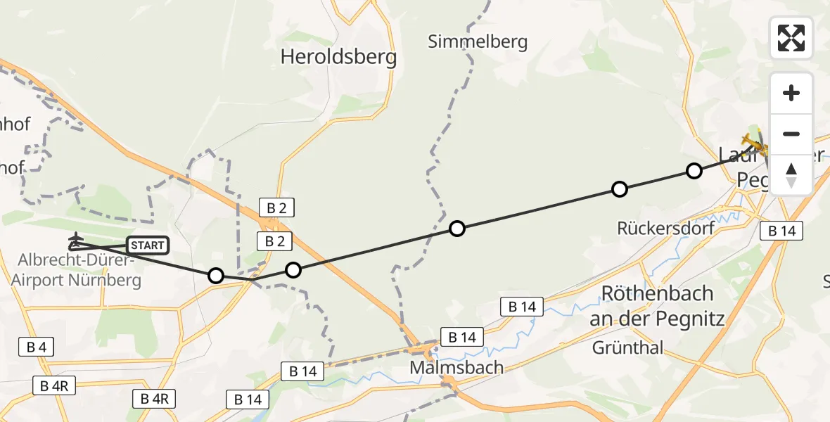 Flugroute Ambulanzhubschrauber Flughafen Nuremberg - Lauf a.d.Pegnitz, 08 August 2026, 14:35