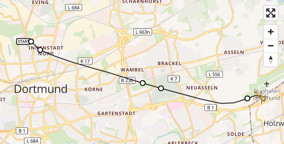 Flugroute Rettungshubschrauber Dortmund Hospital North - Dortmund Flughafen, 08 August 2026, 14:48