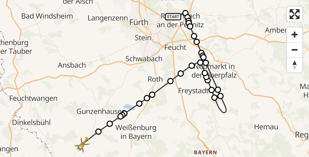 Flugroute Ambulanzhubschrauber Behringersdorfer Forst - Hainsfarth, 08 August 2026, 14:48