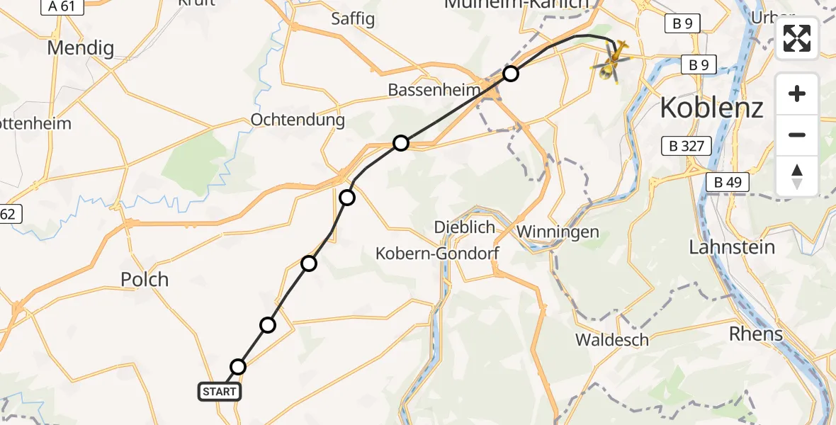 Flugroute Rettungshubschrauber Gierschnach - Koblenz, 08 August 2026, 14:48