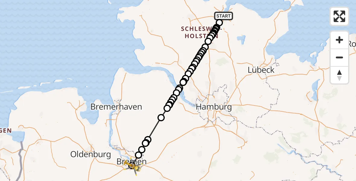 Flugroute Ambulanzhubschrauber Kiel - ADAC Air Rescue Station Bremen Hubschrauberlandeplatz (Christoph 6), 08 August 2026, 14:50