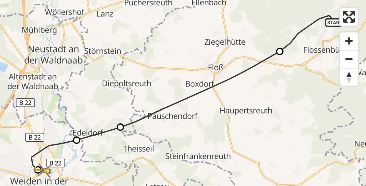 Flugroute Ambulanzhubschrauber Flossenbürg - Weiden Hospital, 08 August 2026, 14:52