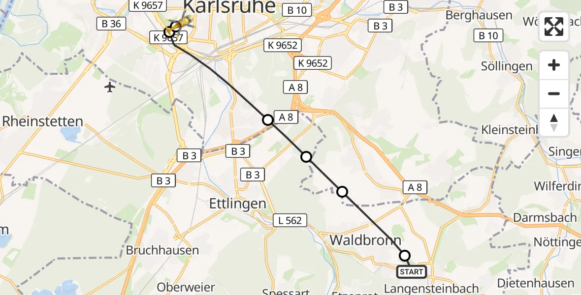Flugroute Ambulanzhubschrauber Karlsbad - Sankt Vincentius Hospital, 08 August 2026, 14:53