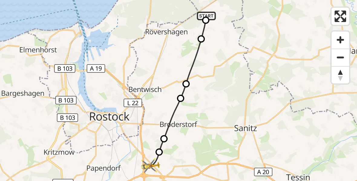 Flugroute Ambulanzhubschrauber Gelbensande - Dummerstorf, 08 August 2026, 14:56