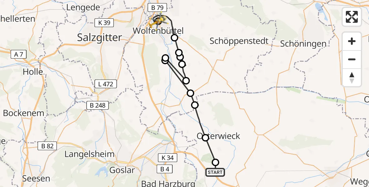 Flugroute Rettungshubschrauber Sassberg Segelfluggelände - Wolfenbüttel Municipal Hospital Heliport (Christoph 30), 08 August 2026, 14:56