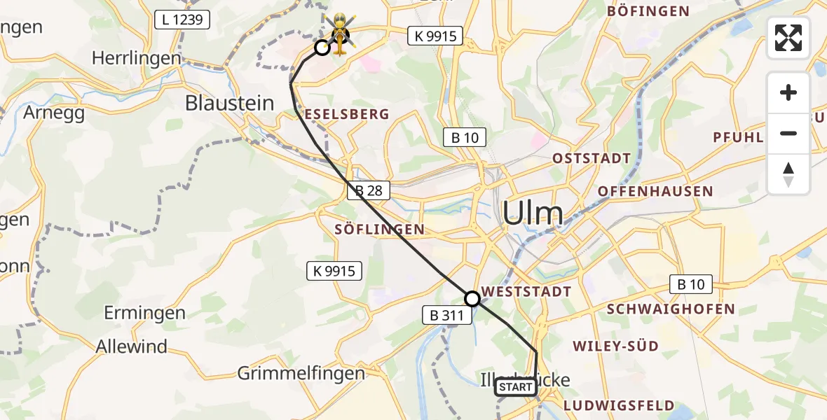 Flugroute Rettungshubschrauber Neu-Ulm - ADAC Air Rescue Station Ulm (Christoph 22), 08 August 2026, 14:58
