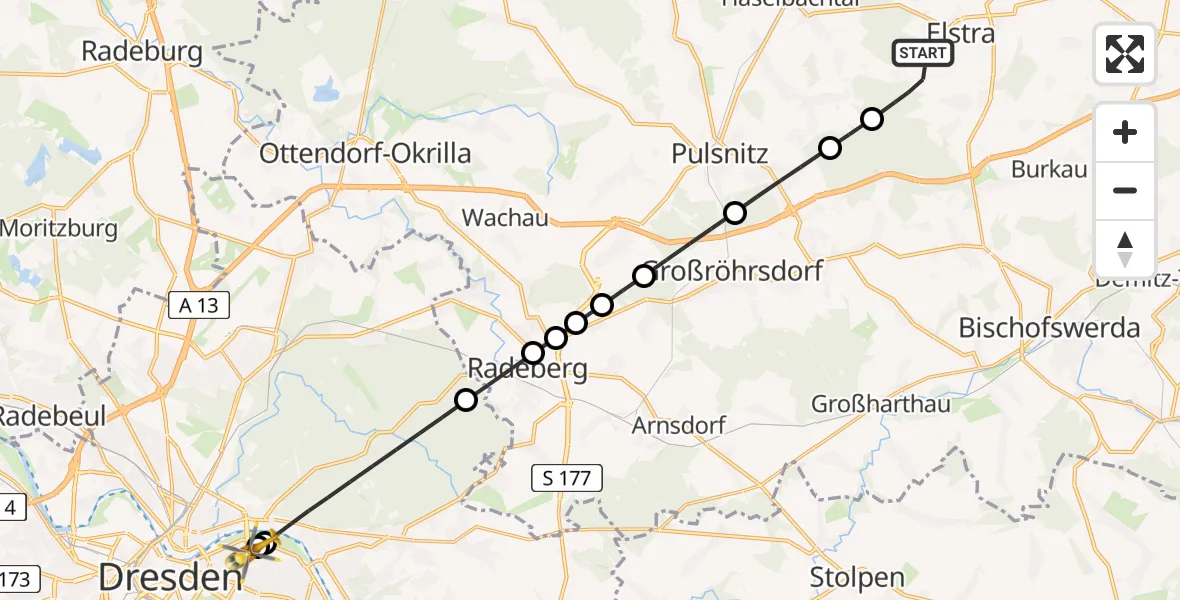Flugroute Rettungshubschrauber Elstra - Dresden University Hospital, 08 August 2026, 14:59