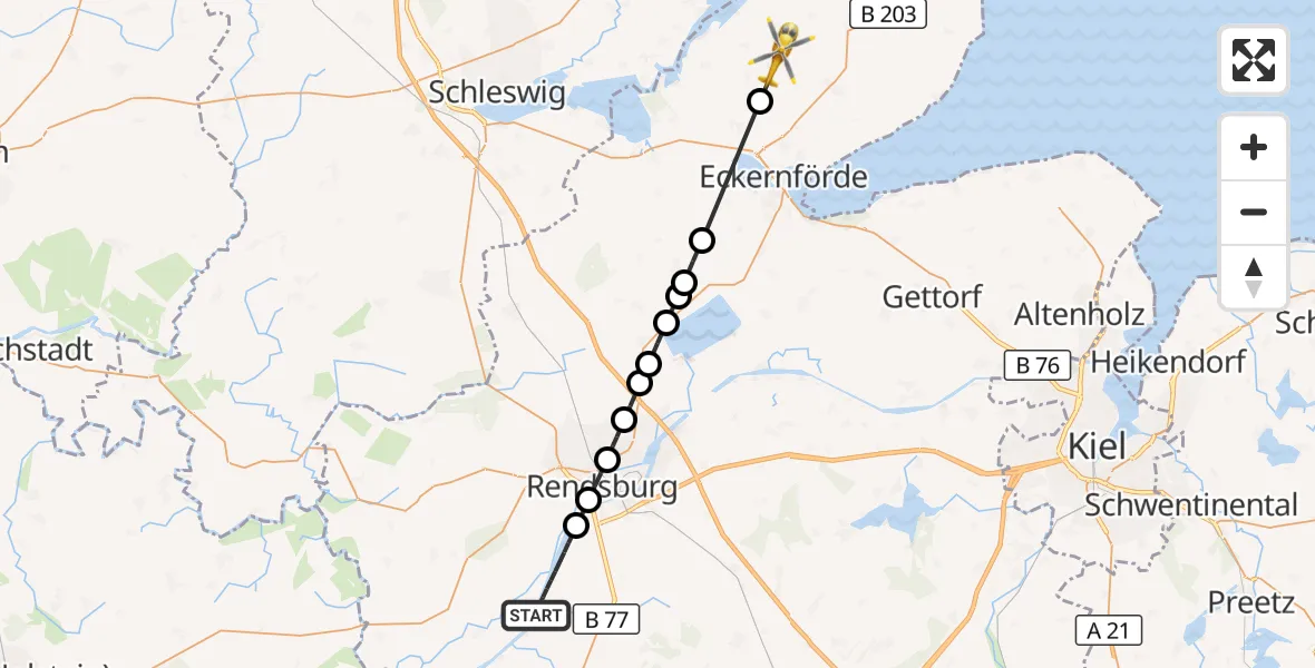 Flugroute Ambulanzhubschrauber Schülp b.Rendsburg - Rieseby, 08 August 2026, 15:16