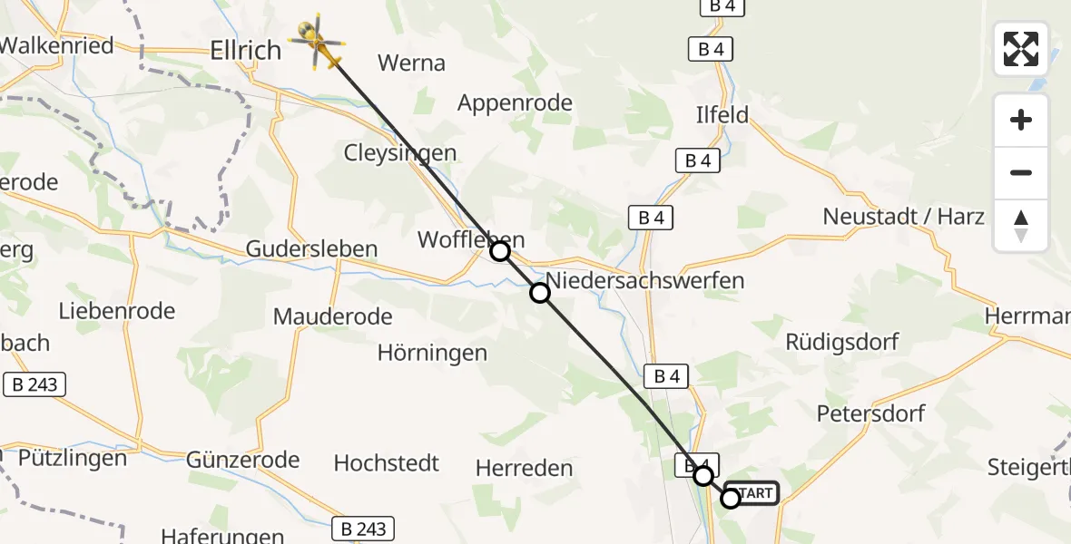 Flugroute Rettungshubschrauber Südharz Hospital Nordhausen - Ellrich, 08 August 2026, 15:20