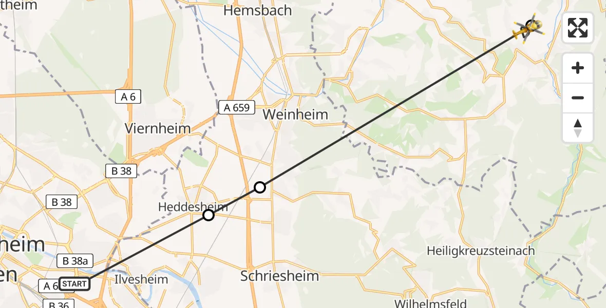 Flugroute Rettungshubschrauber Mannheim-City Flughafen - Wald-Michelbach, 08 August 2026, 15:23