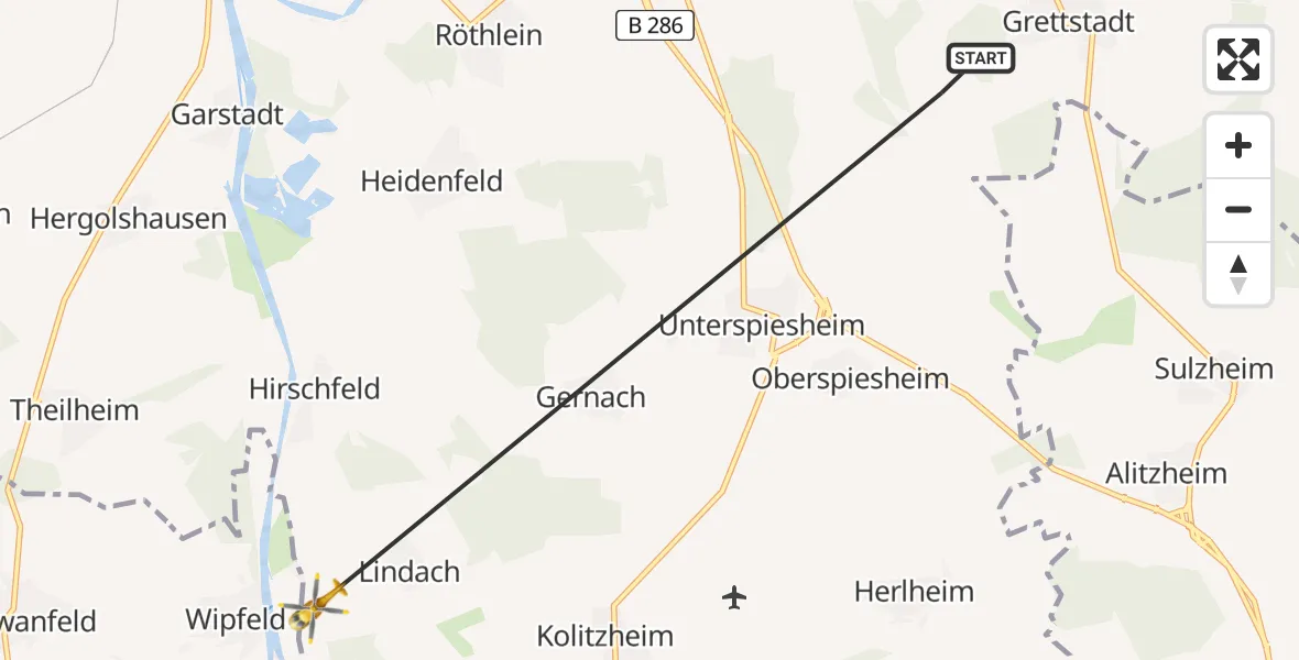 Flugroute Rettungshubschrauber Grettstadt - Kolitzheim, 08 August 2026, 15:23