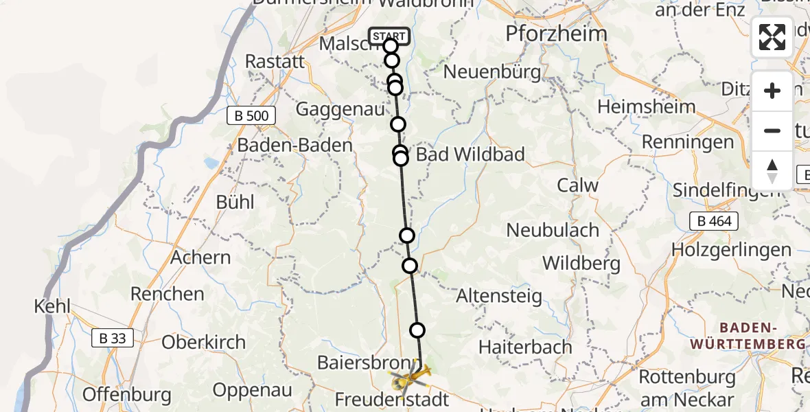 Flugroute Ambulanzhubschrauber Ettlingen - Freudenstadt, 08 August 2026, 15:33