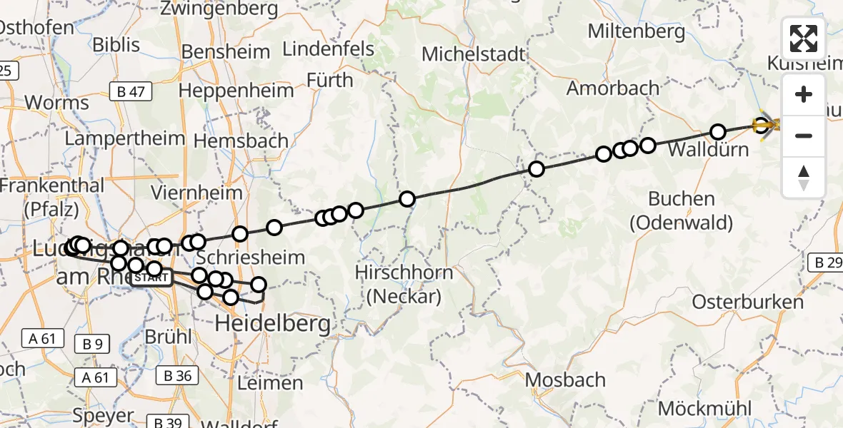 Flugroute Rettungshubschrauber Mannheim - Hardheim, 08 August 2026, 15:33