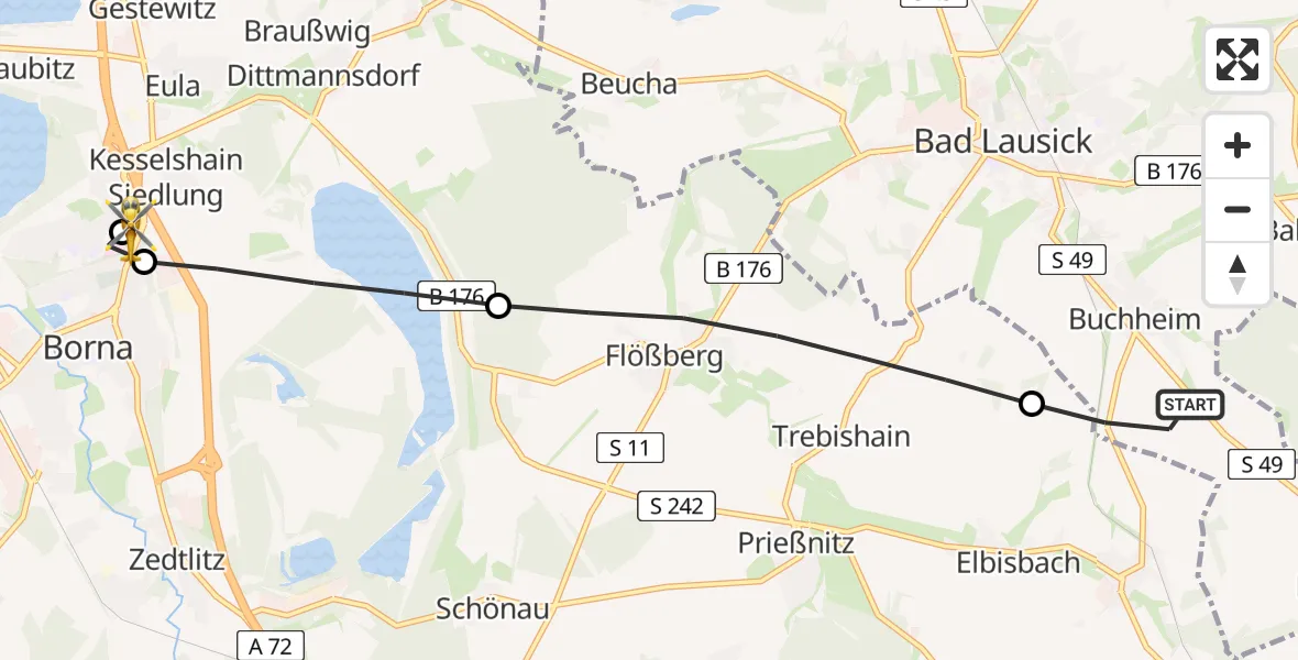 Flugroute Rettungshubschrauber Bad Lausick - Sana Hospital Borna, 08 August 2026, 15:36