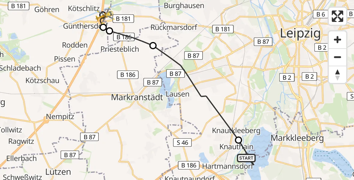 Flugroute Rettungshubschrauber Markkleeberg - ADAC Air Rescue Station Leipzig/Schkeuditz-Dölzig Hubschrauberlandeplatz (Christoph 61), 08 August 2026, 15:38